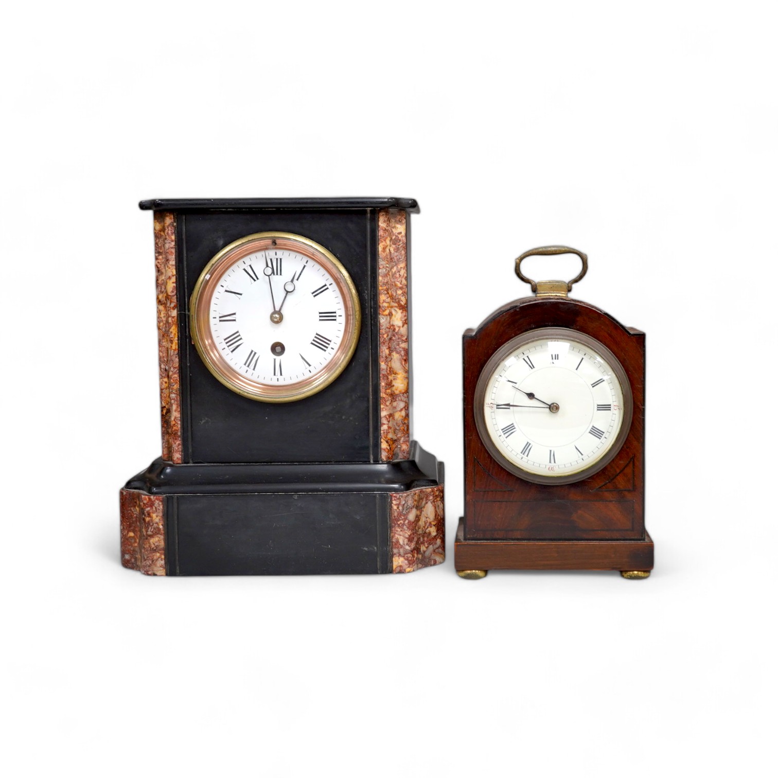 A slate mantel clock and a miniature bracket timepiece, slate clock 25cm high. Condition - miniature bracket time piece, polish on top worn,slate clock has fine scratch.